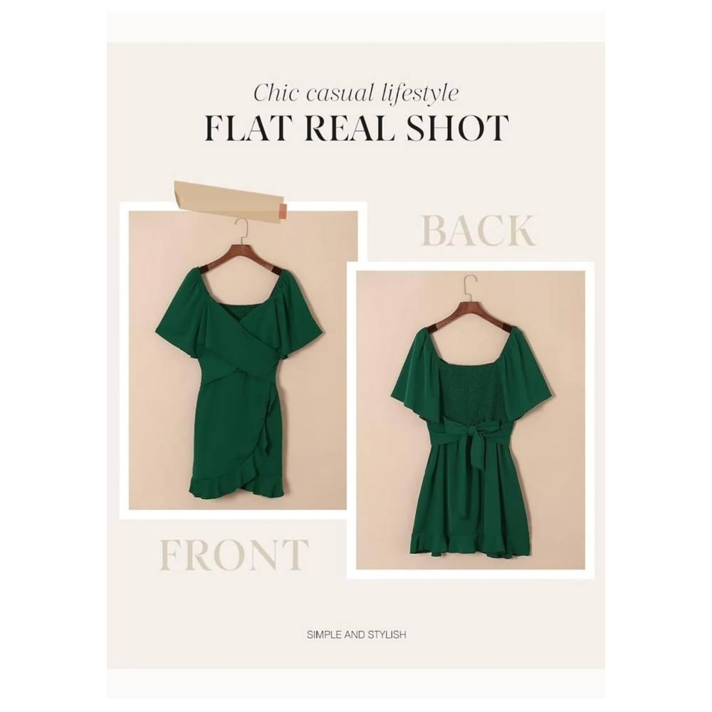 NWT Dokotoo Green V Wrap Tie Ruffle Short Flutter Sleeve Cocktail Mini Dress L - Picture 9 of 14